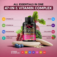 Multivitamin for Women 47in1 - B-Complex, Biotin, D3 & K2, Iron - 90 Caps | Womens Multivitamin - Whole Foods | Hair Growth Support | Digestion & Metabolism - Bioavailable & Gentle on Stomach - 1/Day