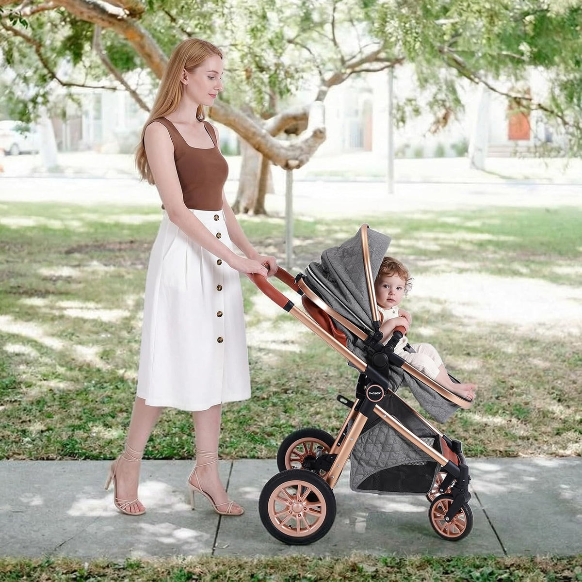 Luxury 2-in-1 Baby Stroller, Foldable Travel Stroller for Newborn to Toddler, Convertible Stroller with All-Terrain Wheels and UPF 50+ Canopy, Baby Glide Gray Stroller