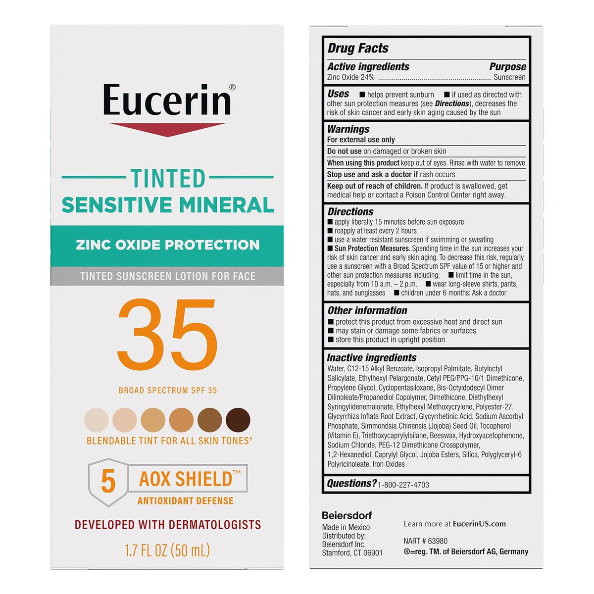 Eucerin Sun Tinted Sensitive Mineral Face Sunscreen Lotion SPF 35, Non-Comedogenic Mineral Sunscreen with Gentle Zinc Oxide Protection for Sensitive Skin, 1.7 Fl Oz Bottle