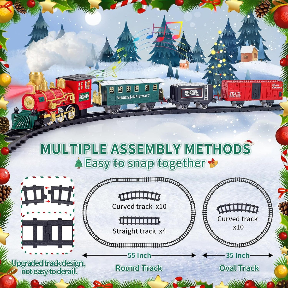 Christmas Train Set Toy, Train with Steam Engine, Cargo Car and Long Track, Light & Sounds for age 3-7