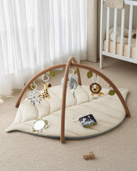 Blissful Diary Baby Play Gym & Activity Mat, Leaf Shaped Baby Tummy Time Play Mat with 6 Detachable Toys, Promotes Motor Skills & Sensory Development, Oatmeal Beige