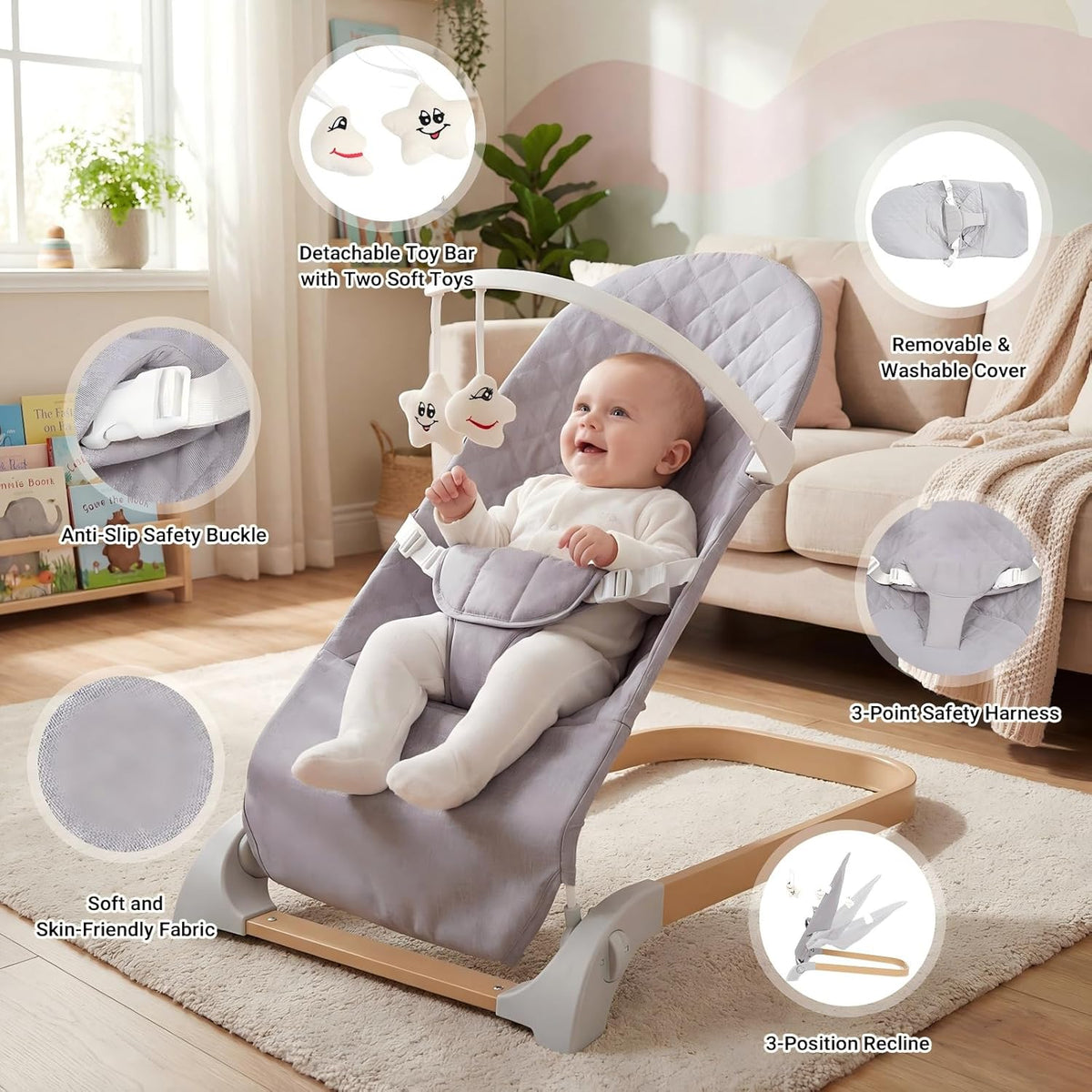Portable Baby Bouncer Seat, Newborn to Toddler(0-12 Months), 3 Modes of Use with Rocker and Stationary, Convenient Babies Bouncer Seat and Portable Baby Chair Includes Toys Bar & Hanging Toys