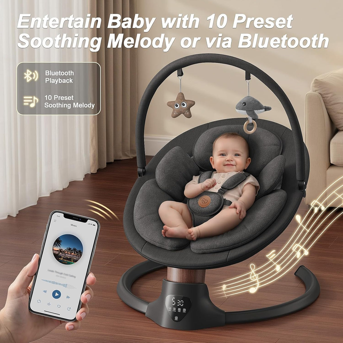 Baby Swings for Infants, FasonBaby Electric Baby Swing with 10 Preset Melodies, 5 Speeds, Remote Control and Bluetooth - Portable Infant Swing for Indoor and Outdoor(Black)
