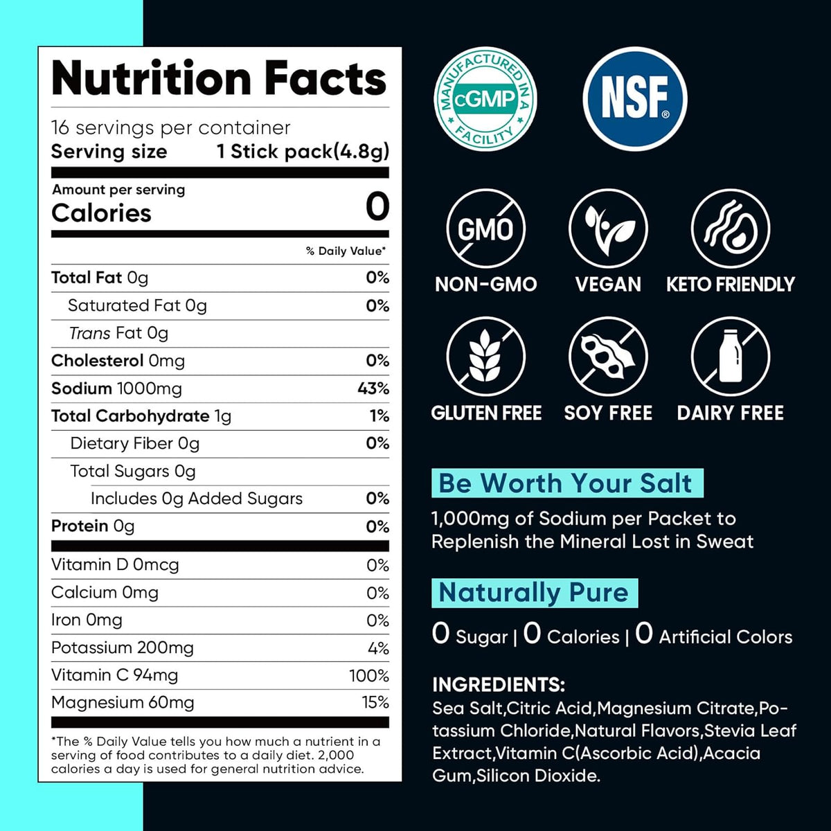 Venture Pal High Sodium Sugar Free Electrolytes Powder Packet, Zero Calories Hydration Packets with Vitamin, Sodium, Potassium & Magnesium, Electrolyte Drink Mix