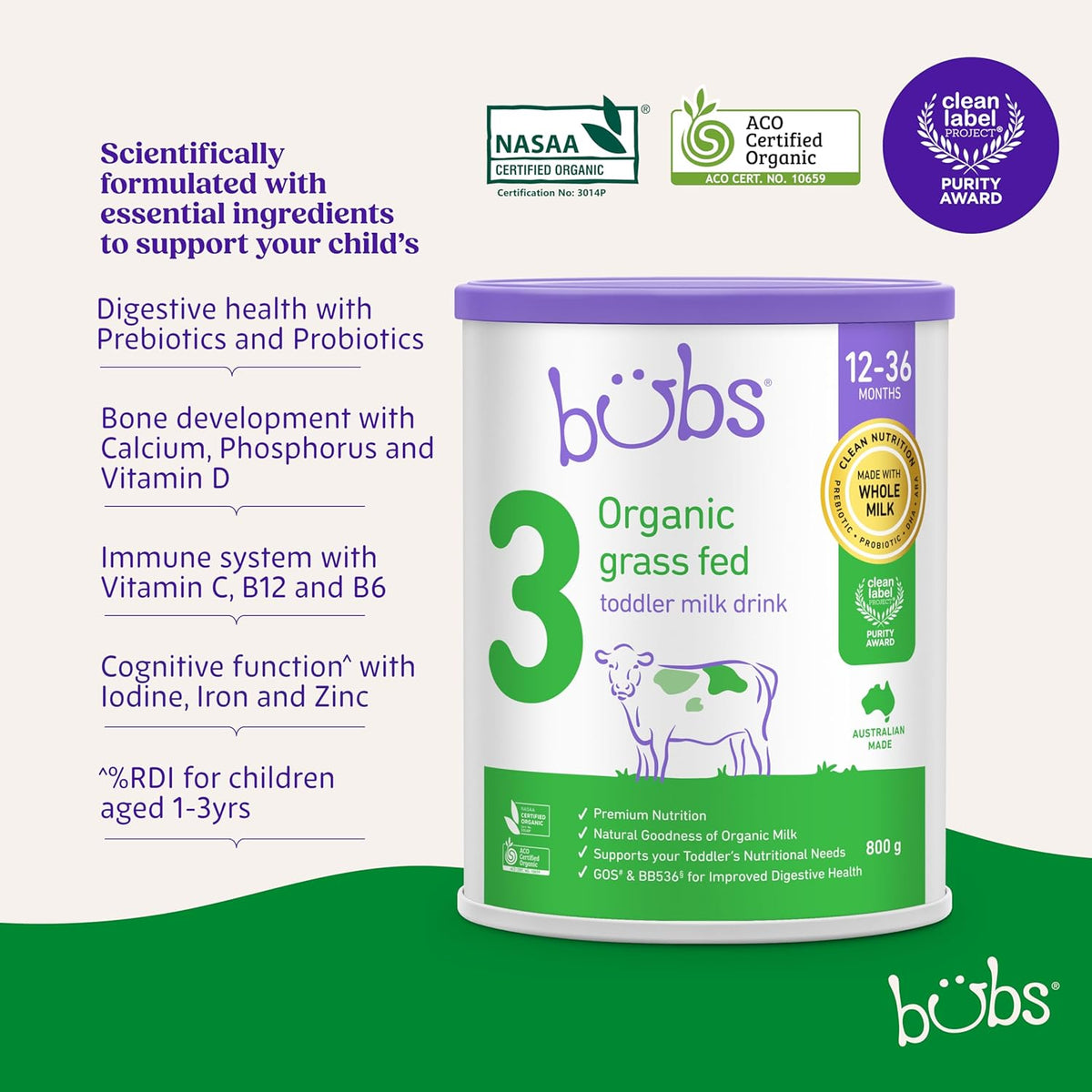 Bubs Organic Grass Fed Toddler Milk Stage 3, Toddlers 12-36 Months,800g