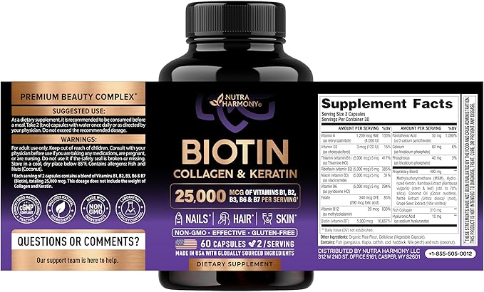 Biotin | Collagen | Hyaluronic Acid | Keratin - Hair Growth & Strength Support Vitamins - Skin & Nails Supplement - Clinically Tested for Men & Women - 25000mcg Vitamins B1, B2, B3, B6 & B7 - 60 Caps