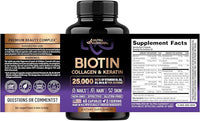 Biotin | Collagen | Hyaluronic Acid | Keratin - Hair Growth & Strength Support Vitamins - Skin & Nails Supplement - Clinically Tested for Men & Women - 25000mcg Vitamins B1, B2, B3, B6 & B7 - 60 Caps