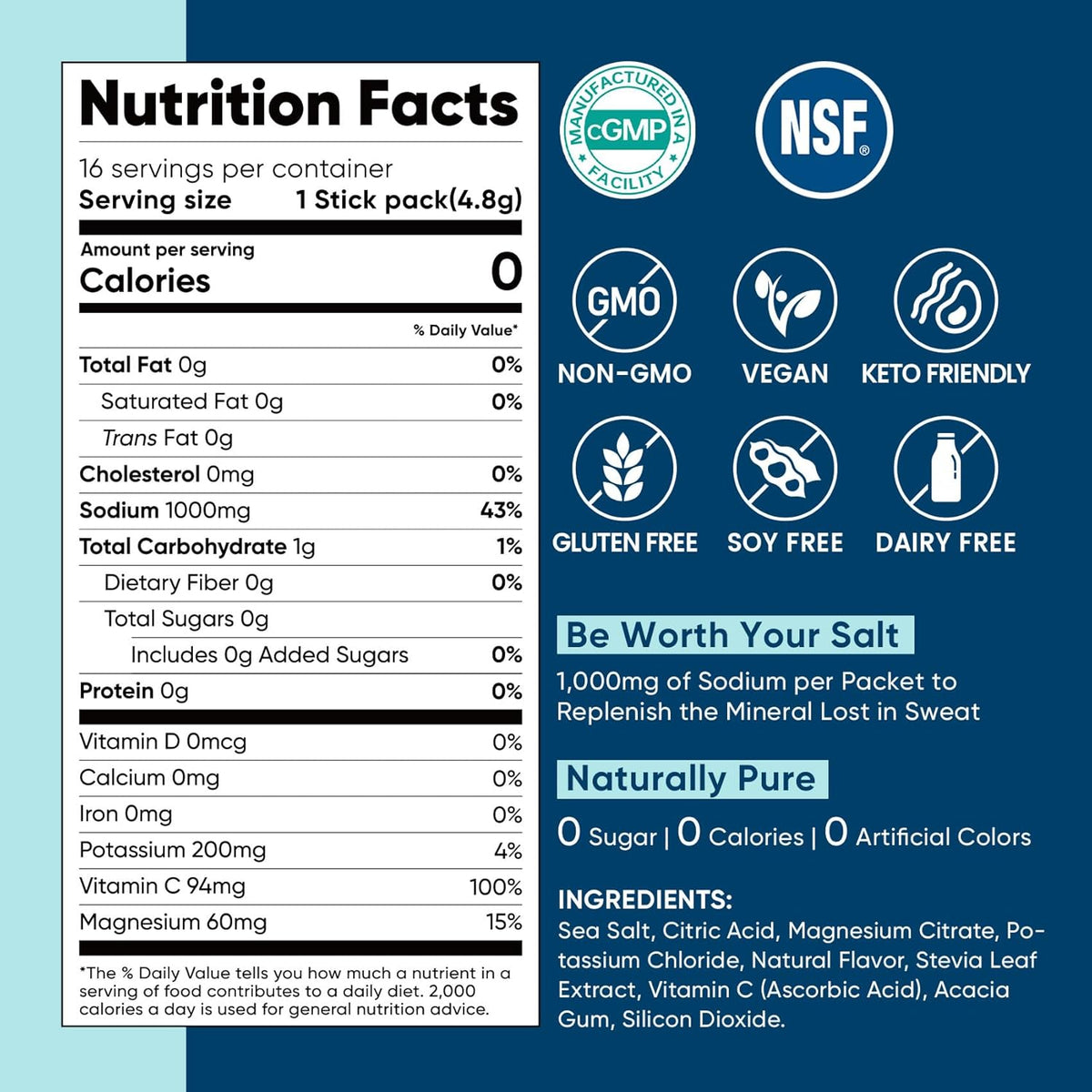 Venture Pal High Sodium Sugar-Free Electrolyte Powder Packets - Hydration Packets with Sodium, Potassium & Magnesium | Zero Calories | Vegan, Keto, and Paleo Friendly | 16 Sticks
