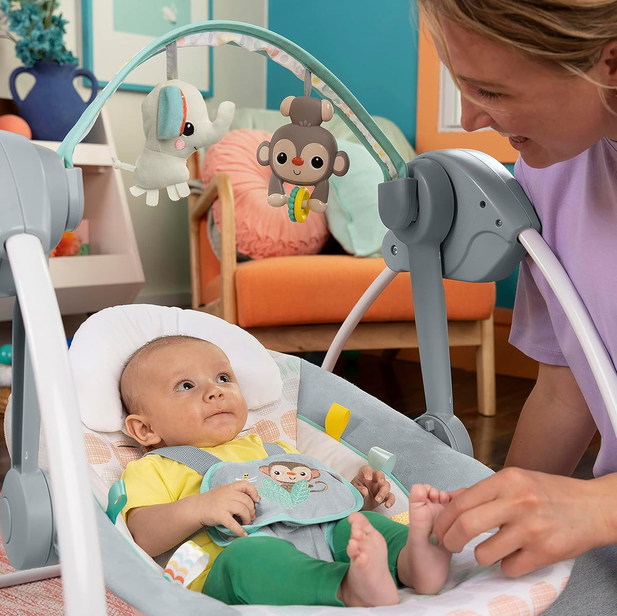 Bright Starts, Whimsical Wild Portable Compact Automatic Baby Swing with Music