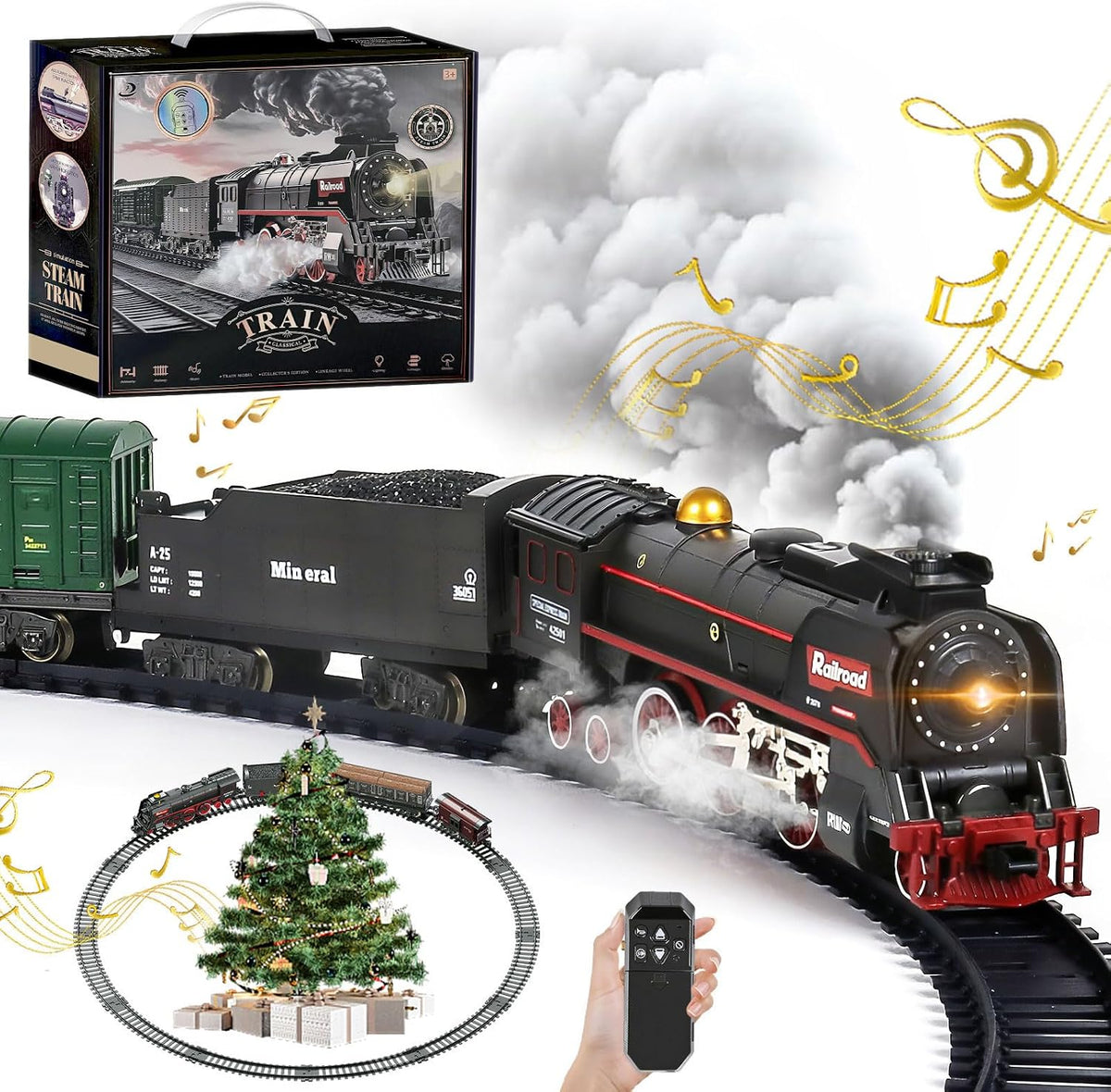 Remote Control Train Set for Kids 3+, Electric Train with Smoke & Lights