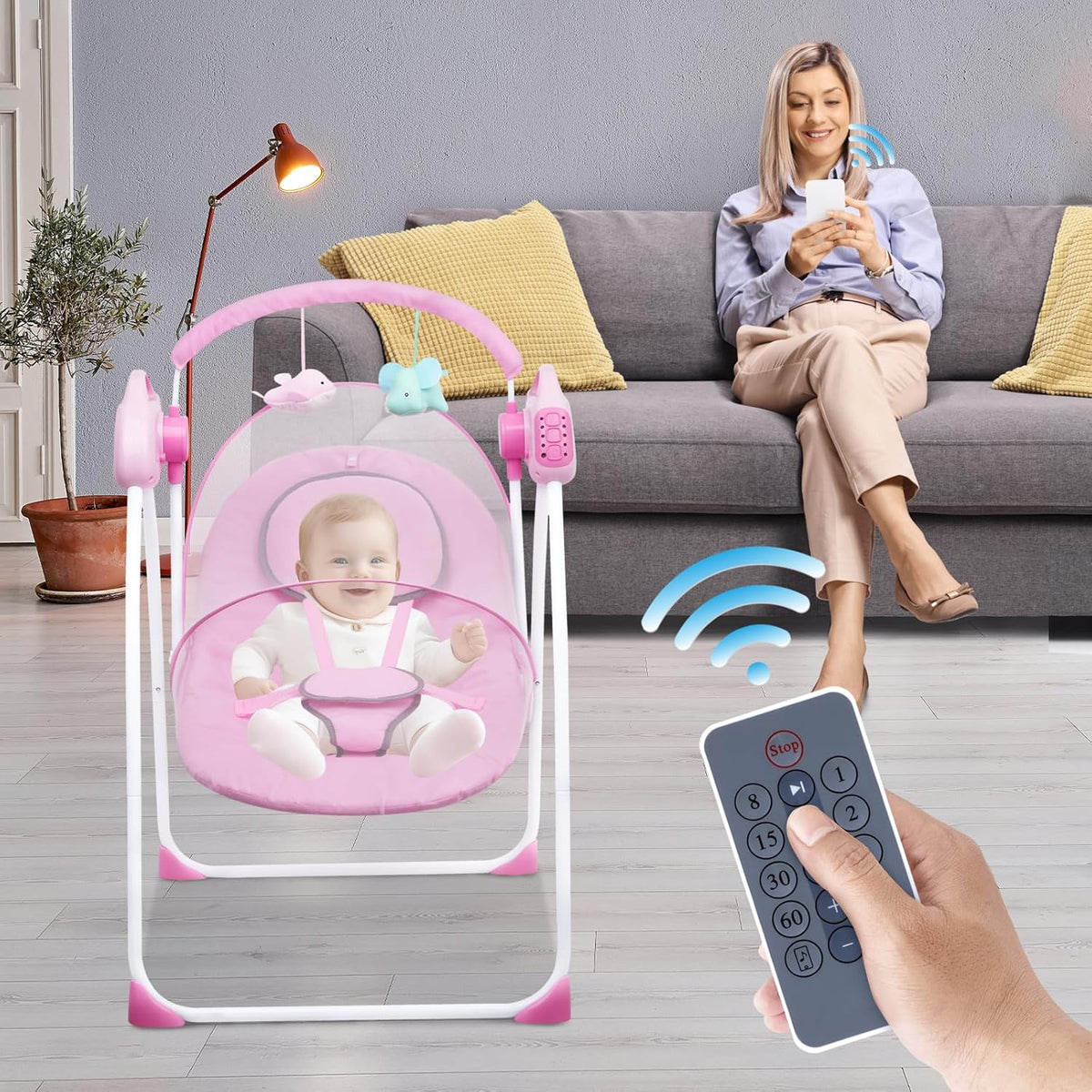 Advwin Baby Rocking Chair, Electric Baby Swing Baby Bouncer and Rocker,Electric 5 Speed Toddler Swing, Bluetooth Bouncer Seat Chair for Infants with Mosquito Net, Pink