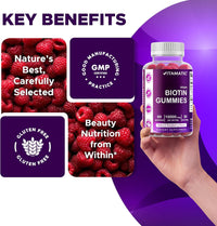 Vitamatic Biotin Gummies 10,000 mcg for Stronger Hair, Skin & Nails - 60 Vegan Gummies - Also Called Vitamin B7 (6 Bottles)