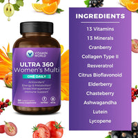 Vitamin World Ultra 360 Multivitamin for Women One Daily, Stress Support | Women's Multivitamin with Collagen, Ashwagandha & Antioxidants, Vitamin A, B, C & D for Energy & Immune Support, 90 Caplets