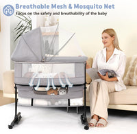 Baby Bassinet, 3 in 1 Bassinets Bedside Sleeper, Adjustable Height Bedside Sleeper with Rocking Mode, Breathable Mesh, Storage Basket, Wheels, Easy Assemble & Folding (Gray)