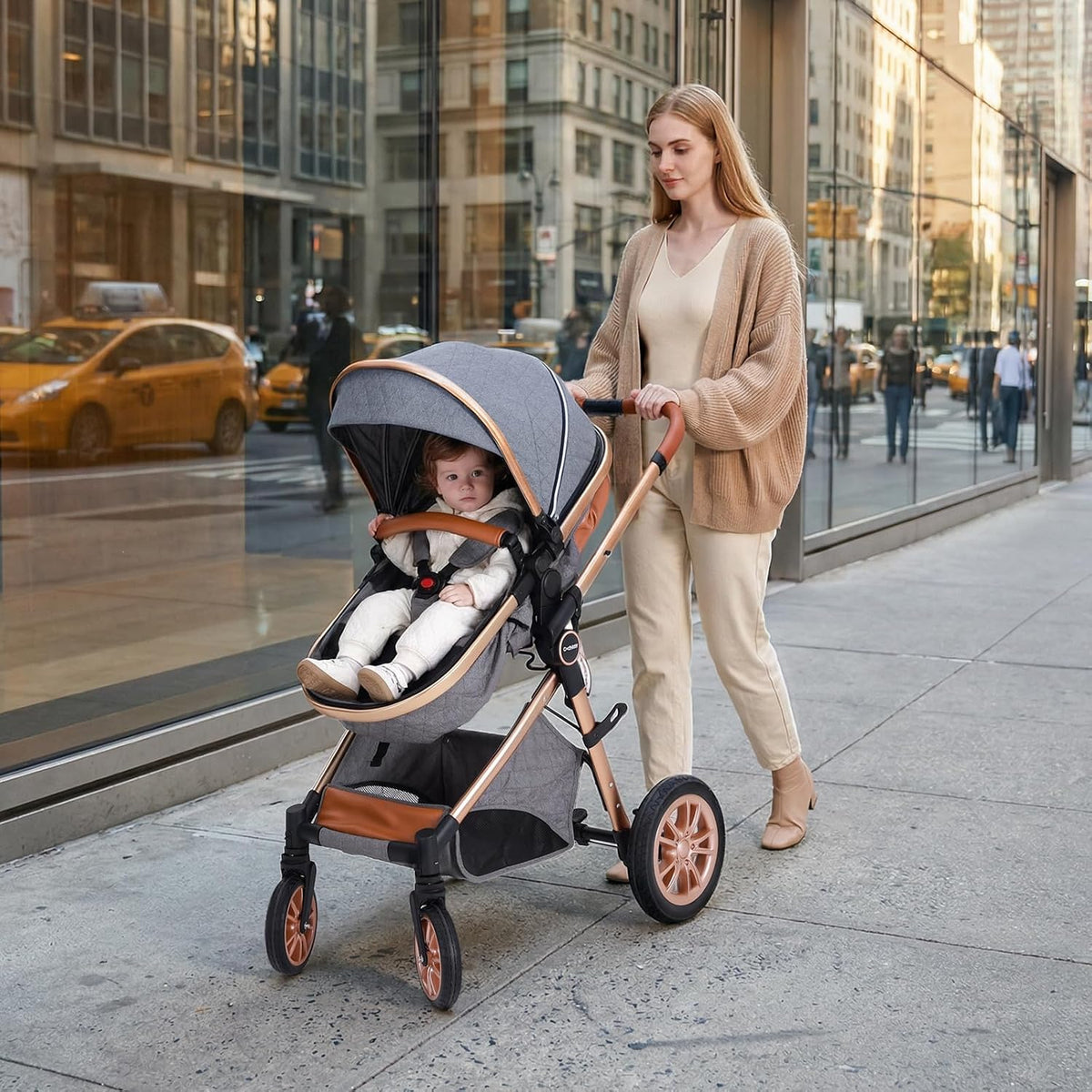 Luxury 2-in-1 Baby Stroller, Foldable Travel Stroller for Newborn to Toddler, Convertible Stroller with All-Terrain Wheels and UPF 50+ Canopy, Baby Glide Gray Stroller