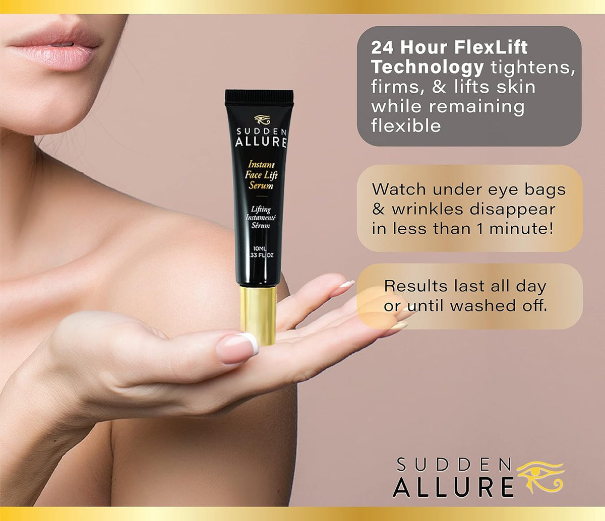 Sudden Allure Instant Face Lift Serum – Erase Under Eye Bags & Wrinkles in 60 Seconds - Firming Face & Eye Serum Cream - Instantly Tighten & Reduce Eye Bags & Crows Feet | Made in USA (10 ml, 3 Pack)