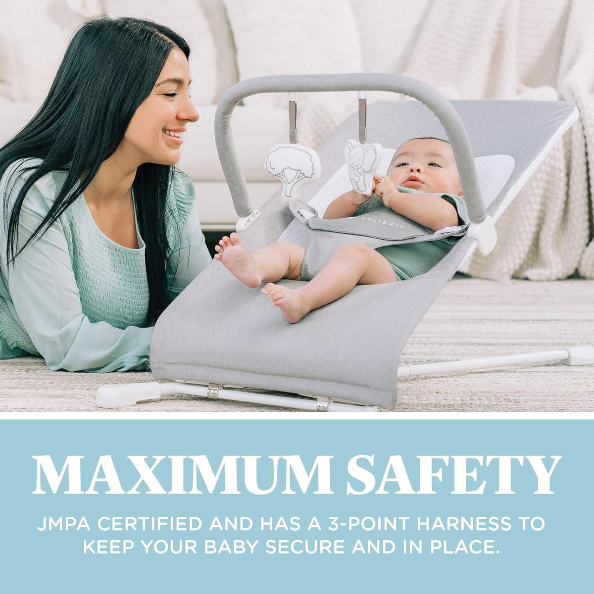 Baby Delight Highland Baby Bouncer | Infant | 0 – 6 Months | 3-Position Recline | Pebble Grey