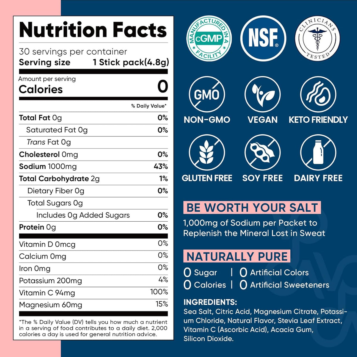 Venture Pal High Sodium Sugar Free Electrolytes Powder Packet - Hydration Packets with Vitamin, Sodium & Potassium | Zero Calories | Vegan, Keto & Paleo Friendly Electrolyte Drink Mix - 30 Sticks