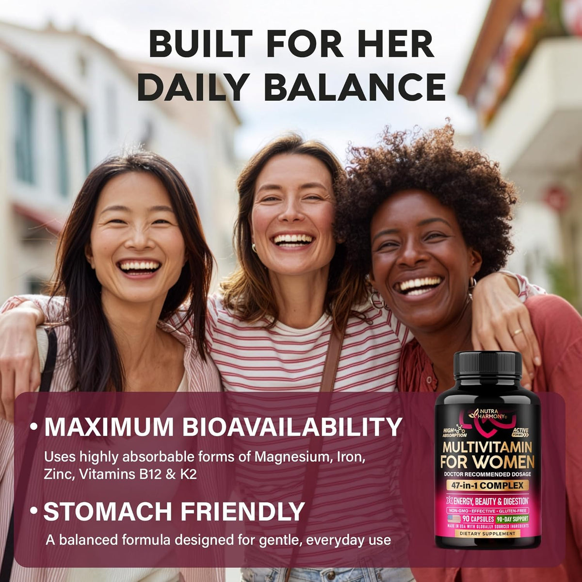 Multivitamin for Women 47in1 - B-Complex, Biotin, D3 & K2, Iron - 90 Caps | Womens Multivitamin - Whole Foods | Hair Growth Support | Digestion & Metabolism - Bioavailable & Gentle on Stomach - 1/Day