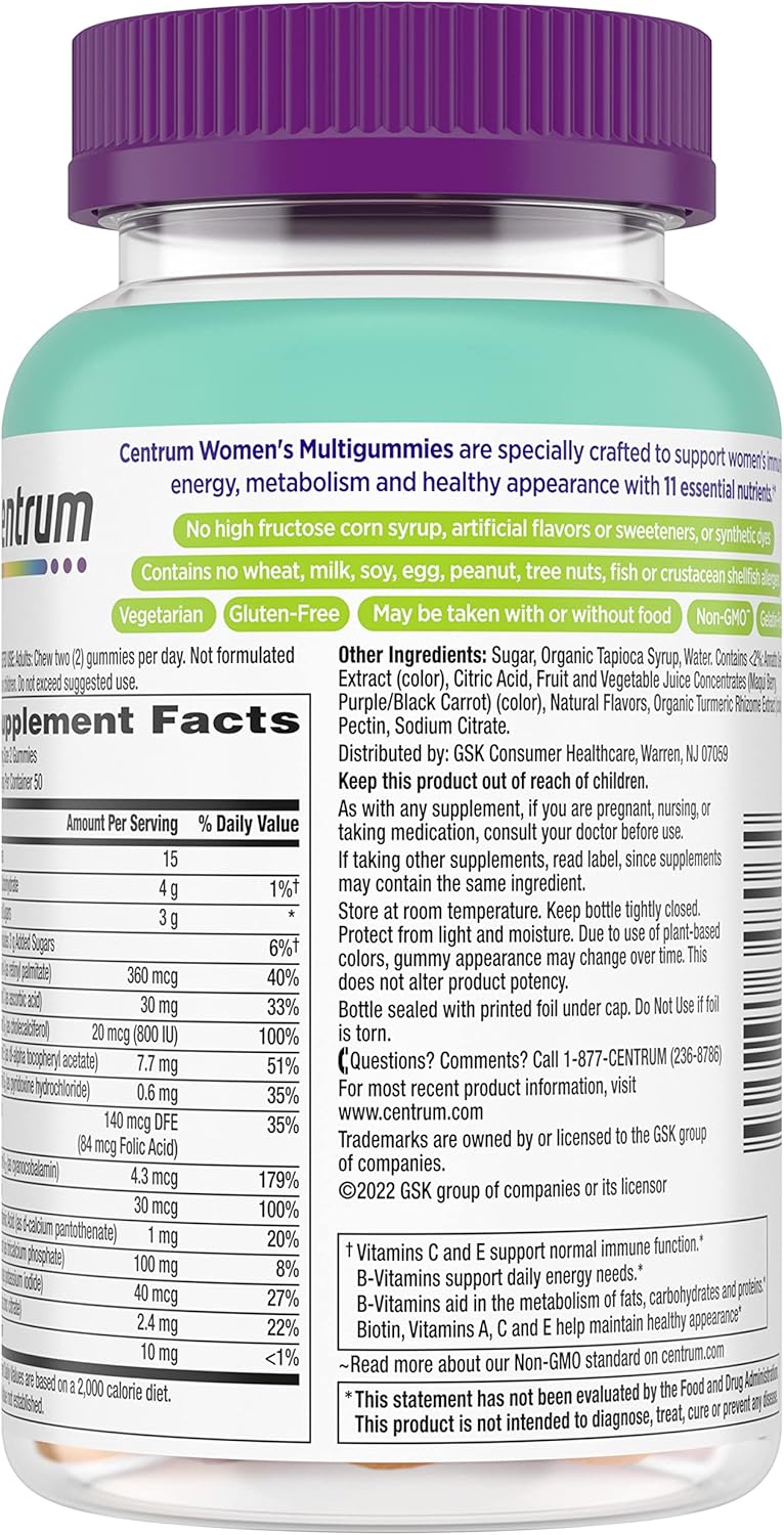 Centrum MultiGummies for Women 18 and Over, 100 Count | Contains Vitamin D3, B Vitamins and Antioxidant Vitamins C and E, Gluten Free, Non-GMO Ingredients, GLP-1 Support