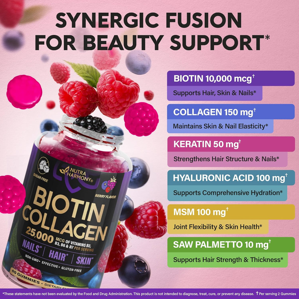 Biotin Gummies with Collagen - Hair Growth Support Skin, & Nail Strength - for Women & Men - 60 Gummy-USA made