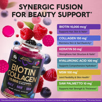 Biotin Gummies with Collagen - Hair Growth Support Skin, & Nail Strength - for Women & Men - 60 Gummy-USA made