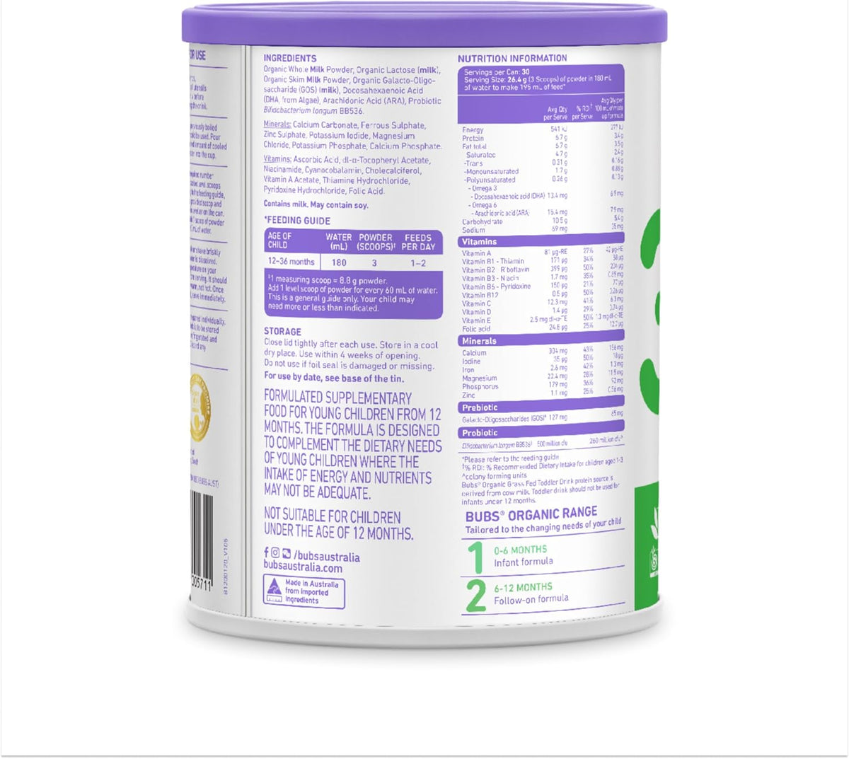 Bubs Organic Grass Fed Toddler Milk Stage 3, Toddlers 12-36 Months,800g