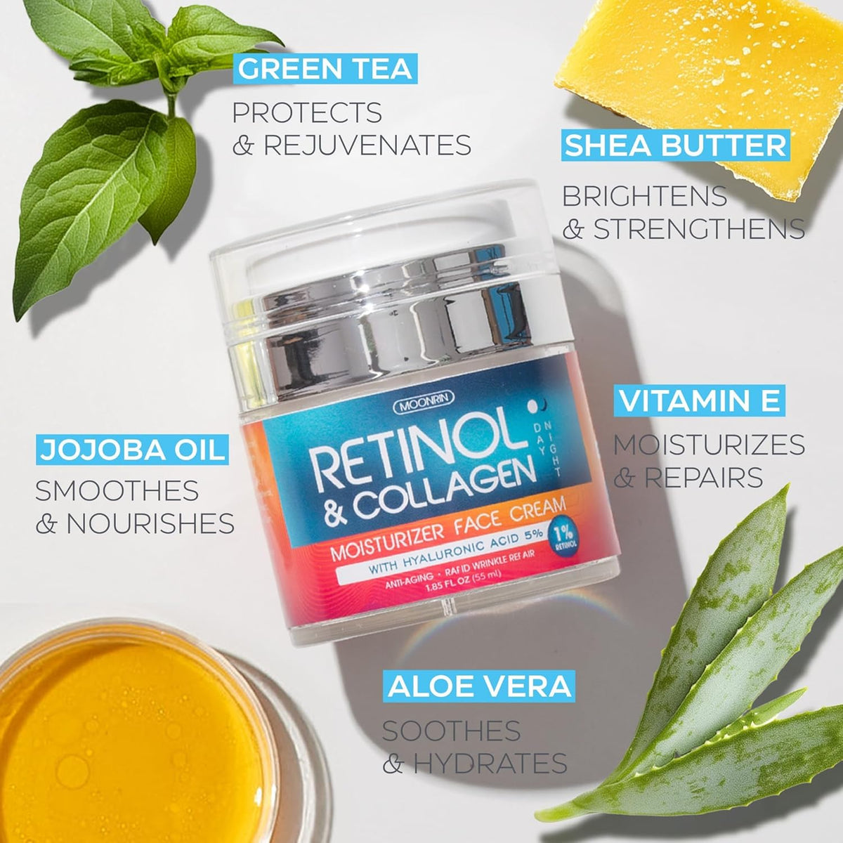 Retinol Cream for Face with Hyaluronic Acid, Anti Aging Wrinkle Cream for Women and Men, Day and Night Collagen Moisturizer to Minimize Wrinkles, Dryness, 1.85 Oz
