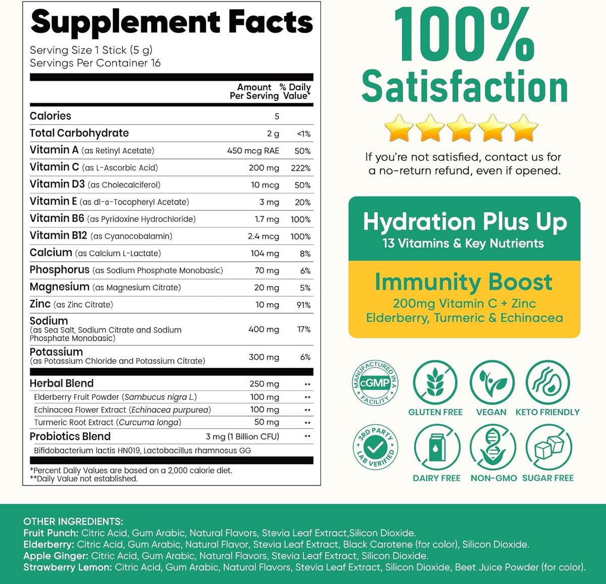 Venture Pal 2-in-1 Hydration + Immune Electrolytes Powder Packets with 7 Electrolytes & 6 Vitamins,16 Sticks