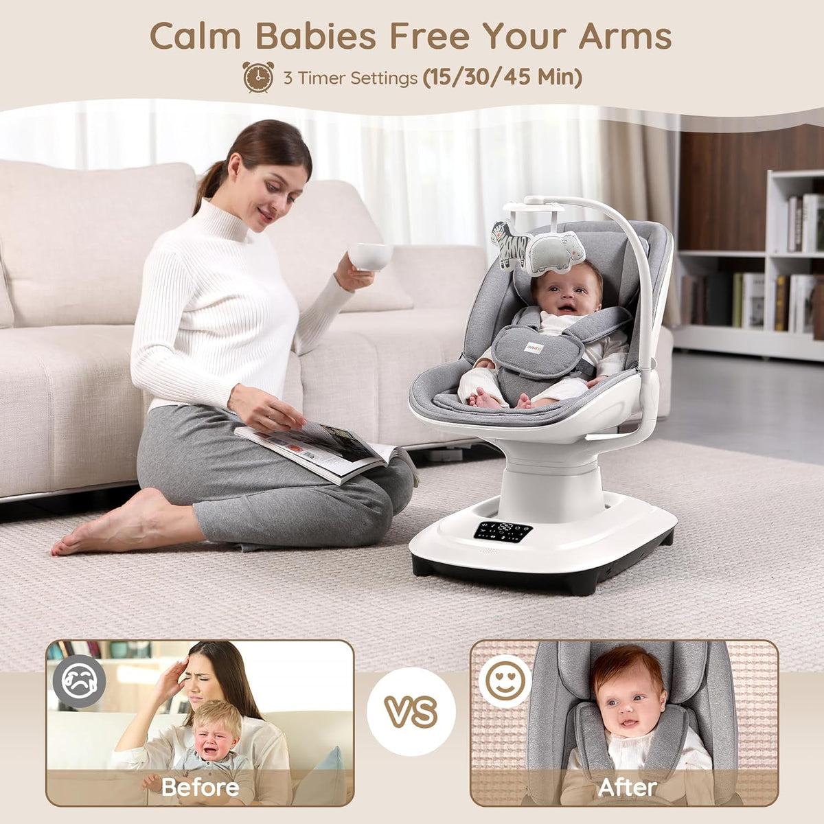 Baby Swings for Infants, Electric 3D-Motion Baby Swings with 7 Modes, 5-Point Harness, APP Control (7-33lbs)
