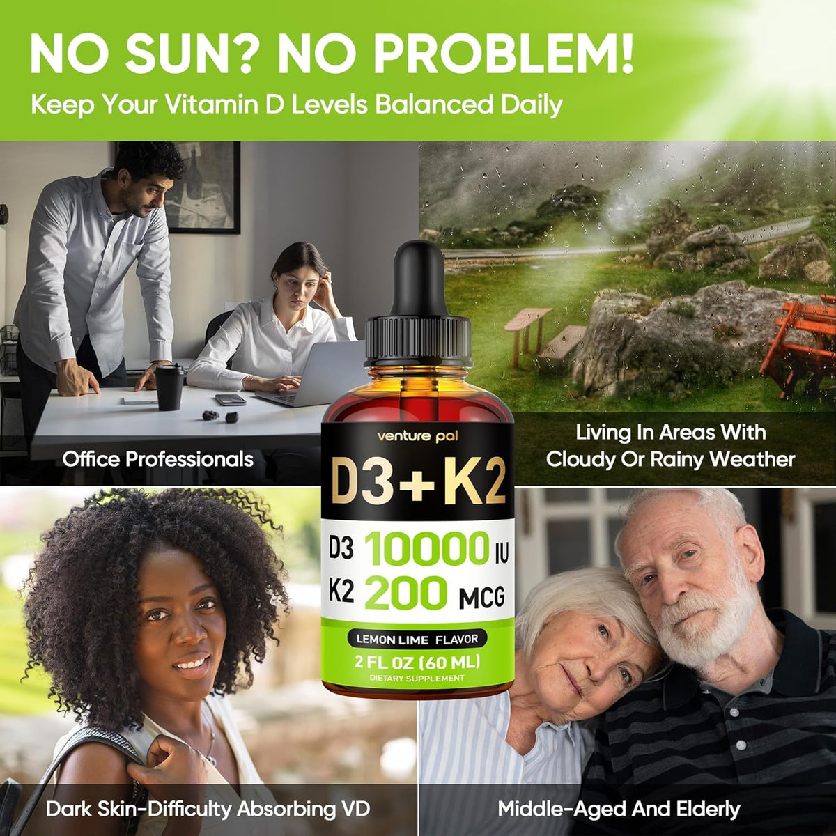 Venture Pal 5-in-1 Vitamin D3 10000 IU & K2 as MK-7 200mcg with Magnesium, MCT Oil, Zinc, Sugar-Free Vitamin D Liquid |Maximum Absorption for Bone, Mood & Immune Health - 2 FL OZ, 68 Days