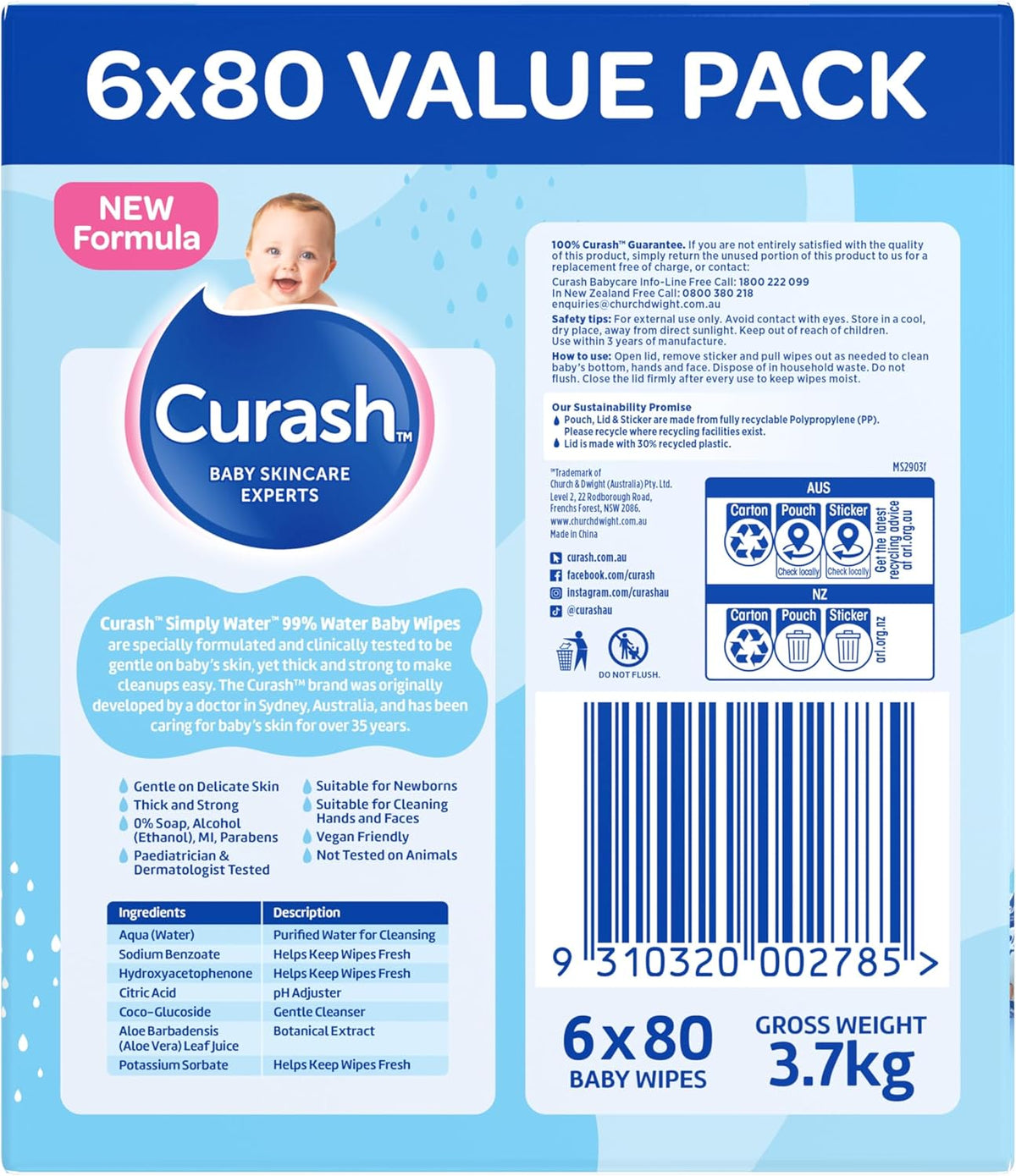 Curash Simply Water Baby Wipes - Ideal for Newborns - 480 wipes