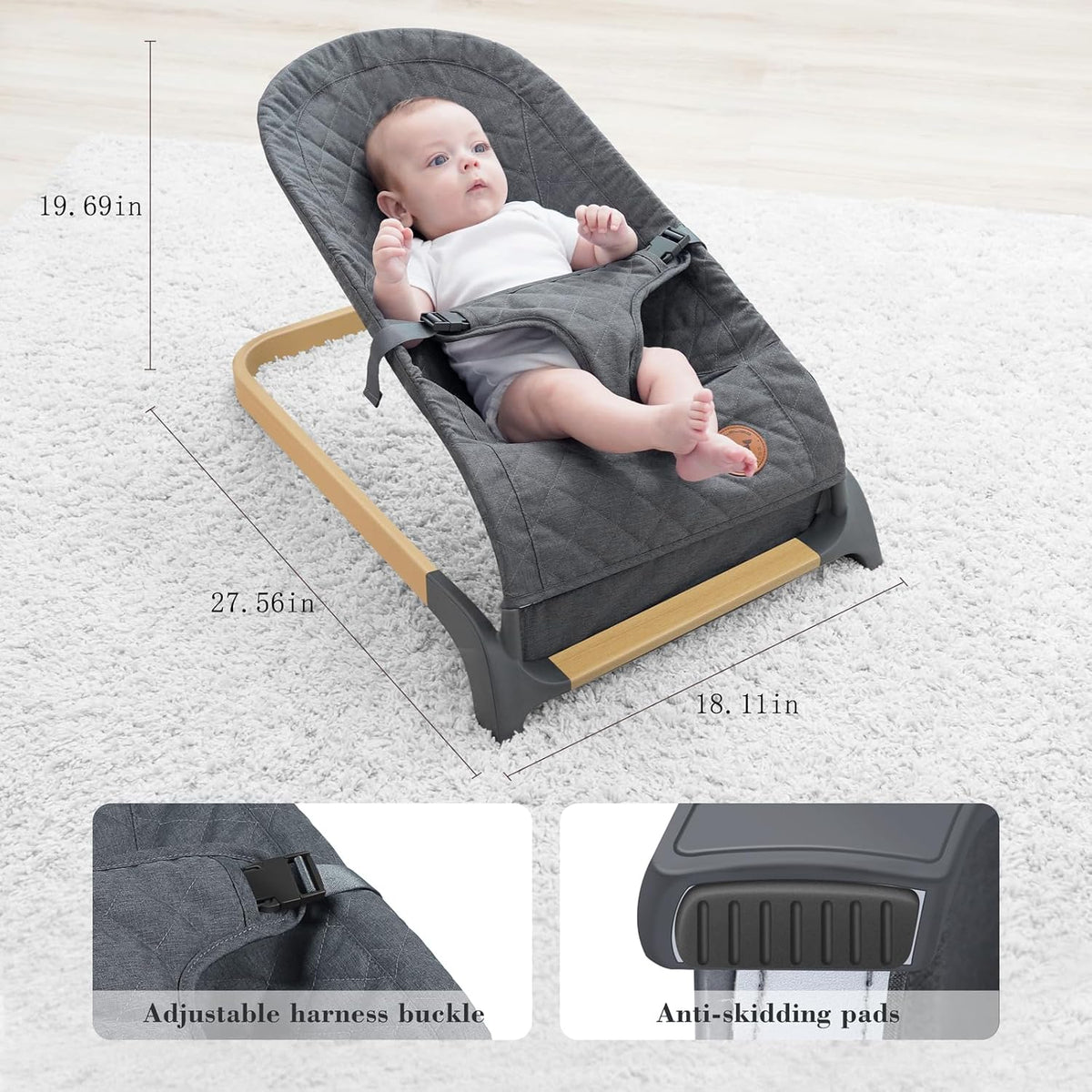 Baby Bouncer, Portable Bouncer Seat for Babies, Infants Bouncy Seat with Wood Grain Base, Natural Vibrations (Grey)