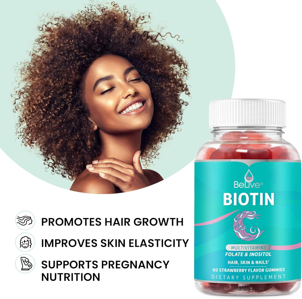 BeLive Biotin Gummies - Skin, Nails & Hair Vitamins with A, C, D, E, B12, Zinc,| 3-Pack-USA Made