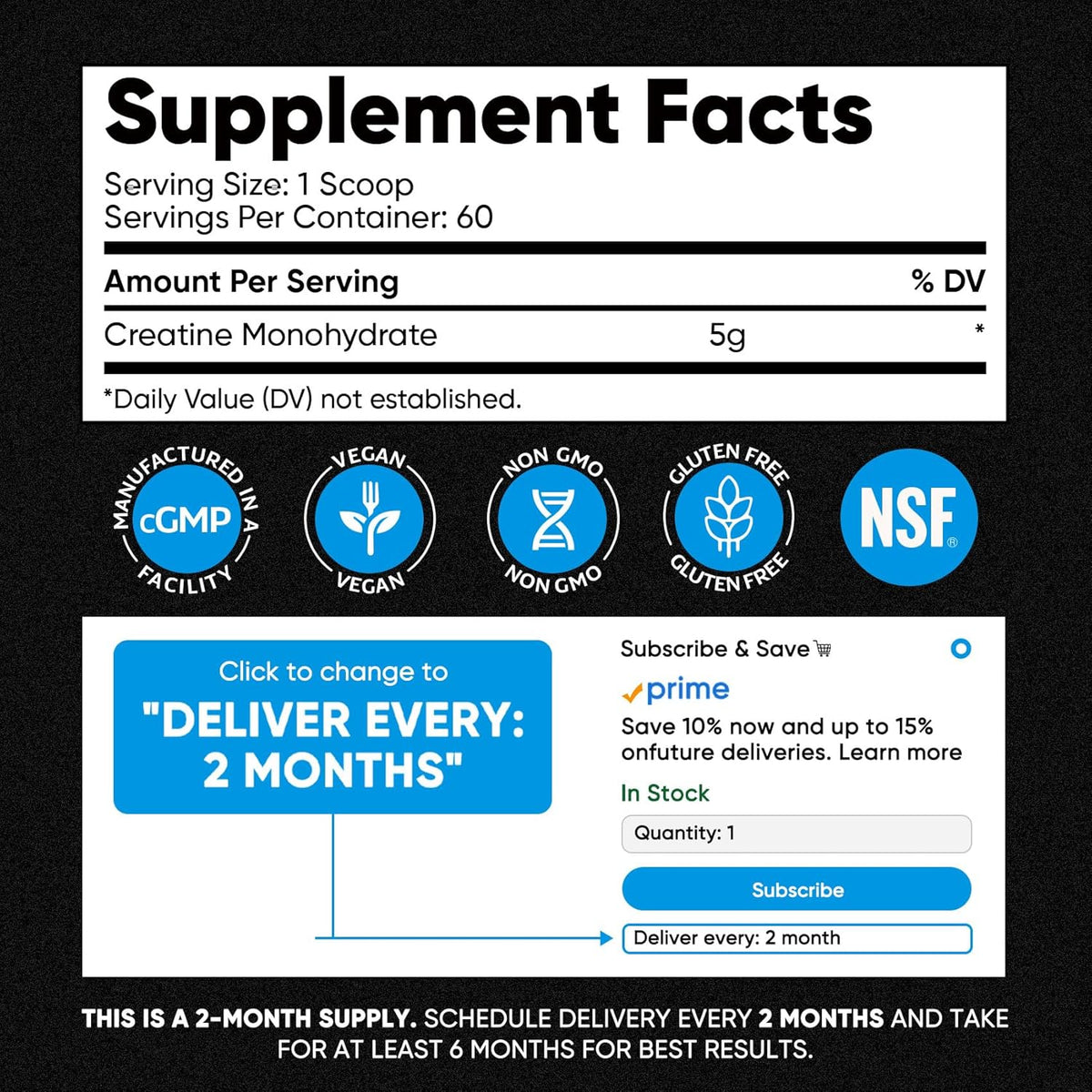 Venture Pal 100% Pure Micronized Creatine Monohydrate Powder, Unflavored Creatine for Women & Men, Vegan, Keto, Gluten Free, 5 g (5000mg) per Serving, Creatina Monohidratada en Polvo