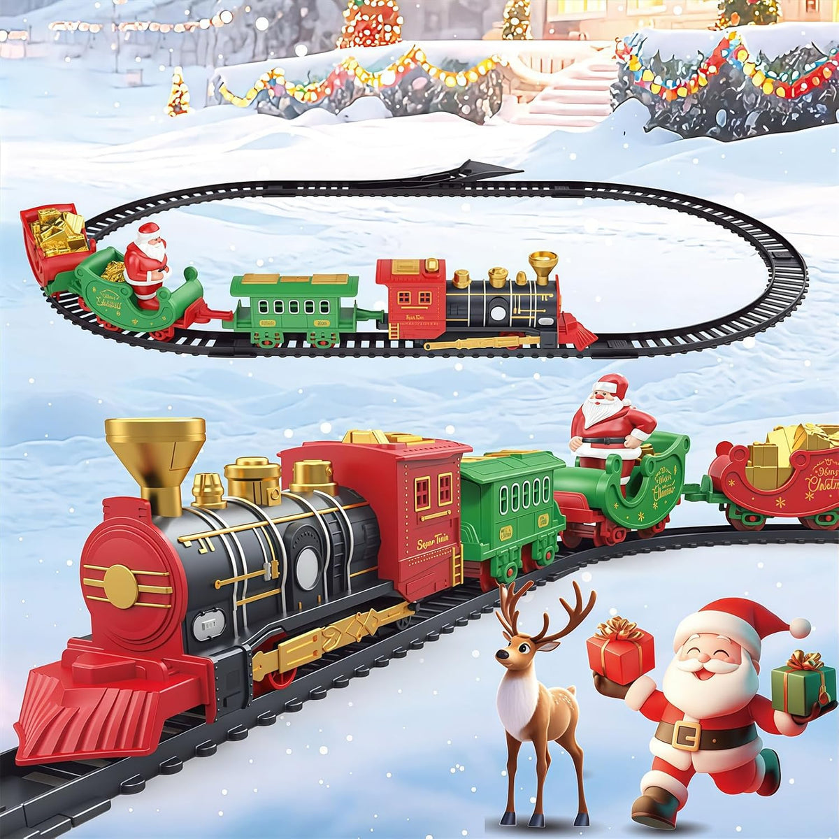 Christmas Train Set, Kids Train for Christmas Tree with 4 Cars & 6 Tracks, Battery Operated