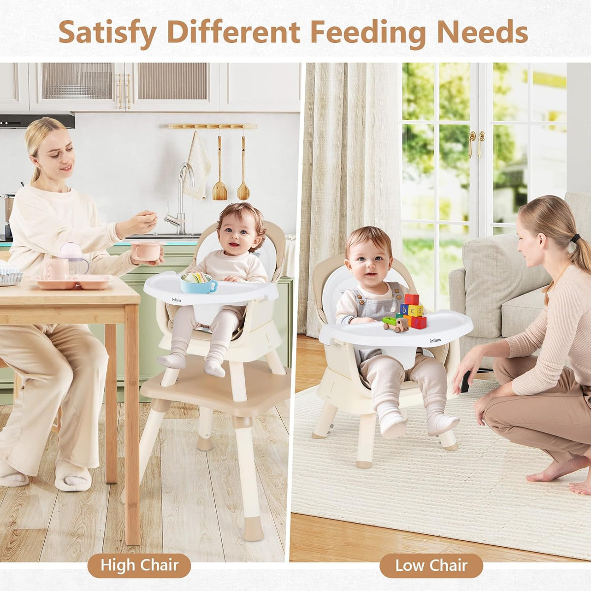 INFANS 8 in 1 Baby High Chair, Convertible Highchair for Babies and Toddlers(Light Brown)