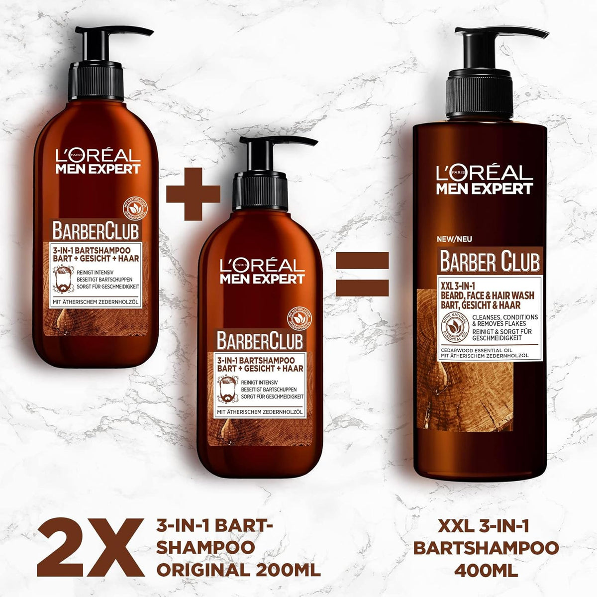 L'Oréal Men Expert Beard Shampoo for Men in XXL Value Pack, for Beard, Face and Hair, Soothing and Nourishing Thanks to Cedarwood Oil, Barber Club 3-in-1 Beard Care, [Amazon Exclusive], 1 x 400 ml
