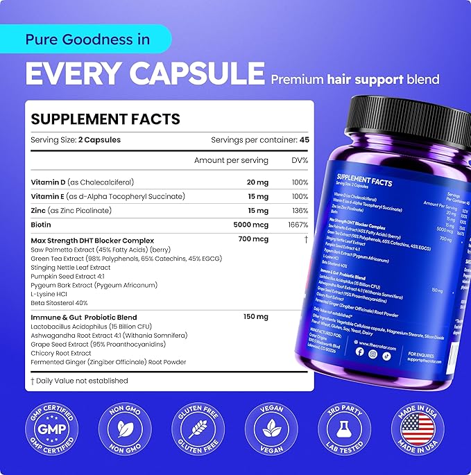Crotar DHT Blocker for Women & Men | Dual Action Hair Growth Supplement | Saw Palmetto and Pumpkin Seed Oil, Biotin 5000 mcg, Zinc | Hair & Scalp Support Herbal Complex | 90 Capsules