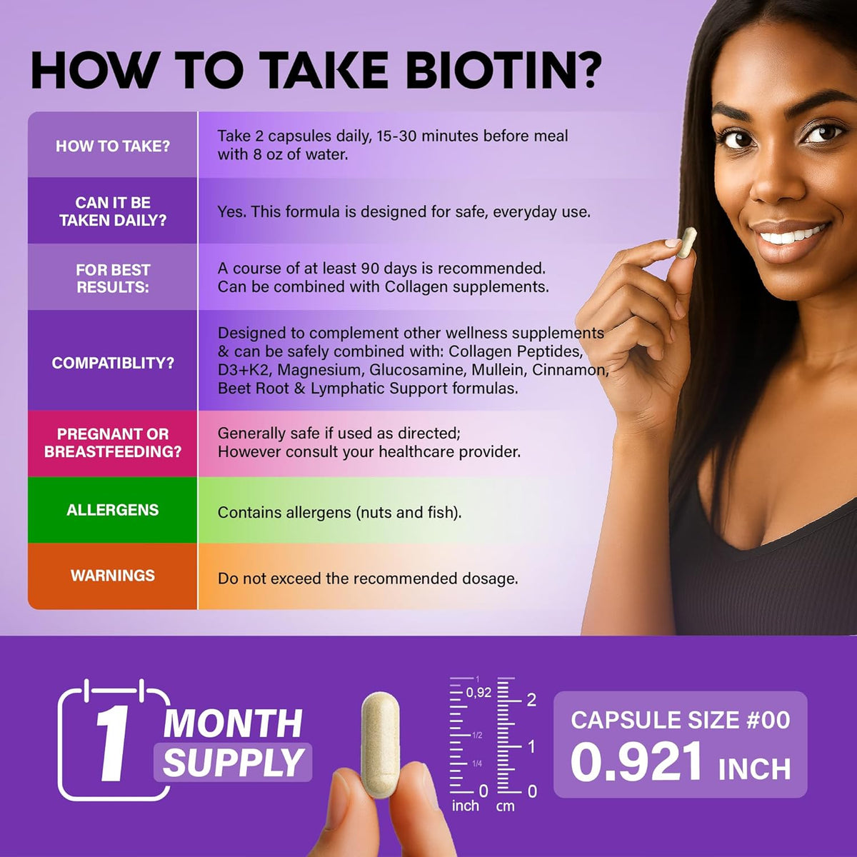 Biotin | Collagen | Hyaluronic Acid | Keratin - Hair Growth & Strength Support Vitamins - Skin & Nails Supplement - Clinically Tested for Men & Women - 25000mcg Vitamins B1, B2, B3, B6 & B7 - 60 Caps