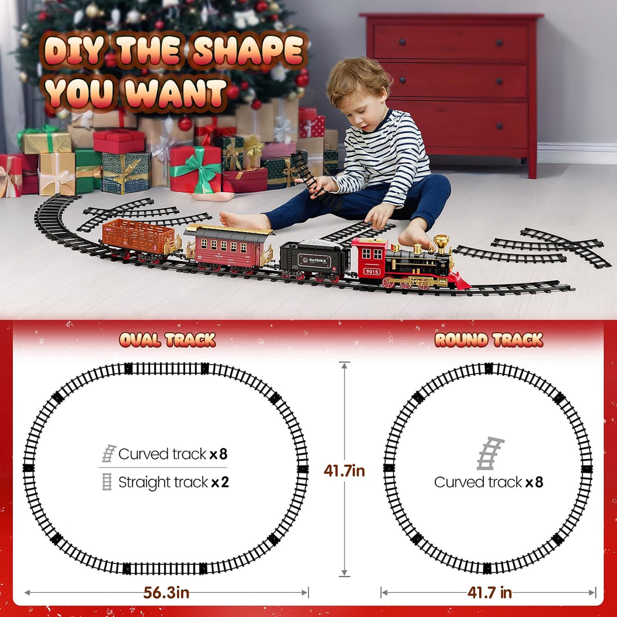 Train Set - Updated Electric Train Toy for Boys w/Smokes, Lights &Sound, Railway Kits w/Steam Locomotive Engine, Cargo Cars & Tracks, Gifts for 3 4 5 6 7 8+ Year Old Kids
