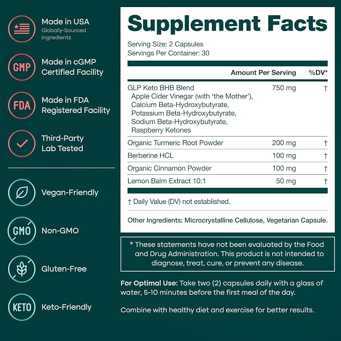 GLP-1 Supplement for Appetite Support with BHB Ketones, ACV, Berberine HCL,Made In USA