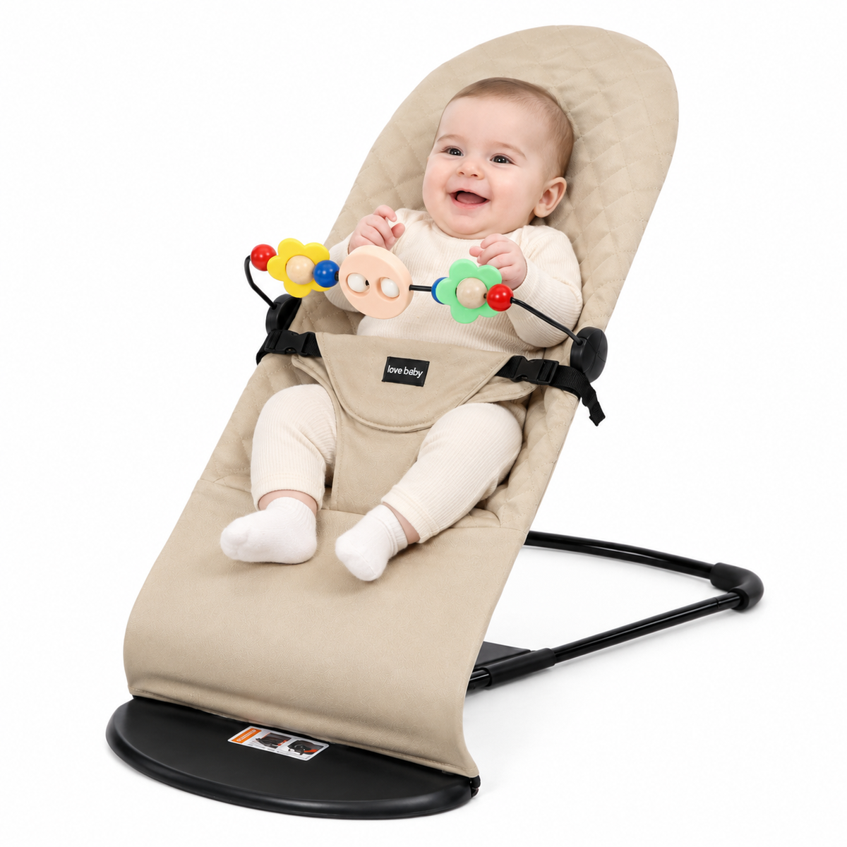 Foldable Baby Bouncer Rocker Chair – Organic Cotton Fabric, 3‑Position Adjustable Seat, Iron Frame, with Toy Bar & 3‑Point Safety Belt – Portable Infant Seat for Newborns 0–12 Months, Max 20KG Load