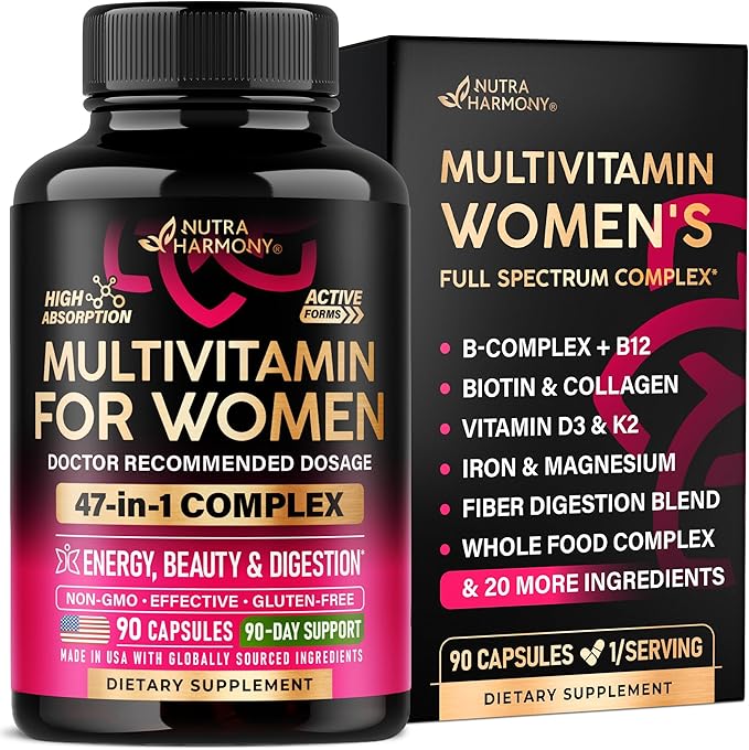 Multivitamin for Women 47in1 - B-Complex, Biotin, D3 & K2, Iron - 90 Caps | Womens Multivitamin - Whole Foods | Hair Growth Support | Digestion & Metabolism - Bioavailable & Gentle on Stomach - 1/Day