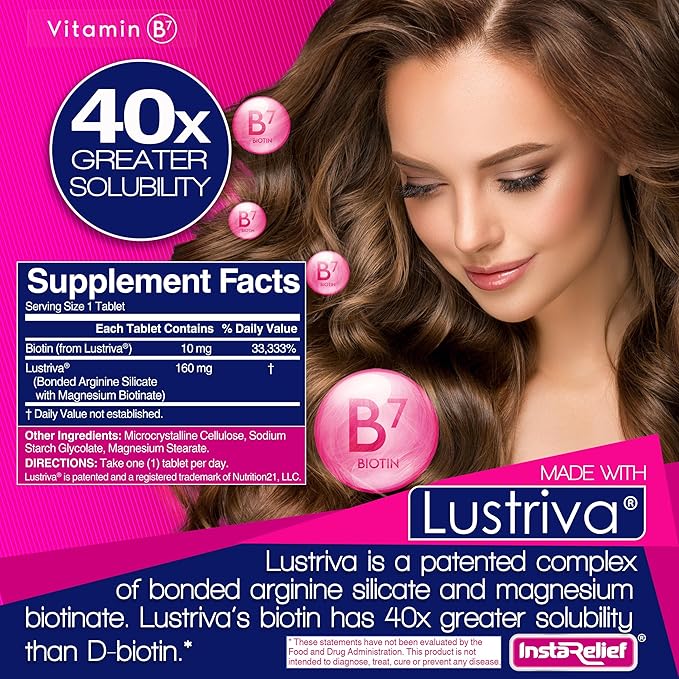 InstaRelief® Hair Growth with Lustriva® - Clinically Shown to Grow Thicker, Healthier Hair in 3 Weeks, Reduce Wrinkles and Fine Lines, with Biotin, Silicon, and Arginine, 60 Tablets