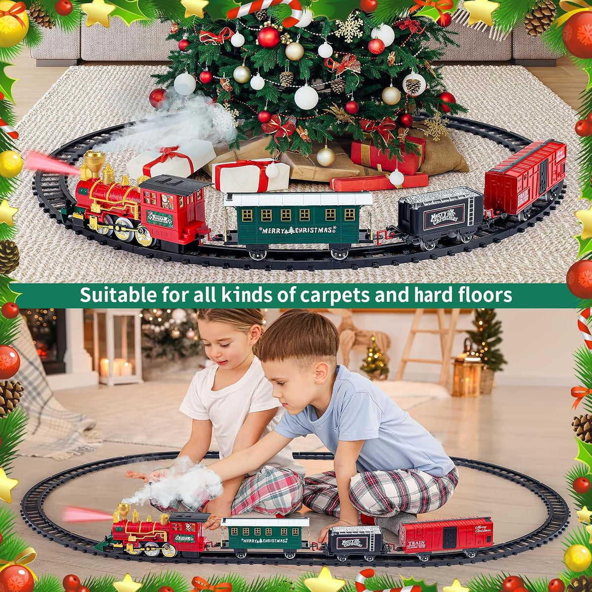 Christmas Train Set Toy, Train with Steam Engine, Cargo Car and Long Track, Light & Sounds for age 3-7