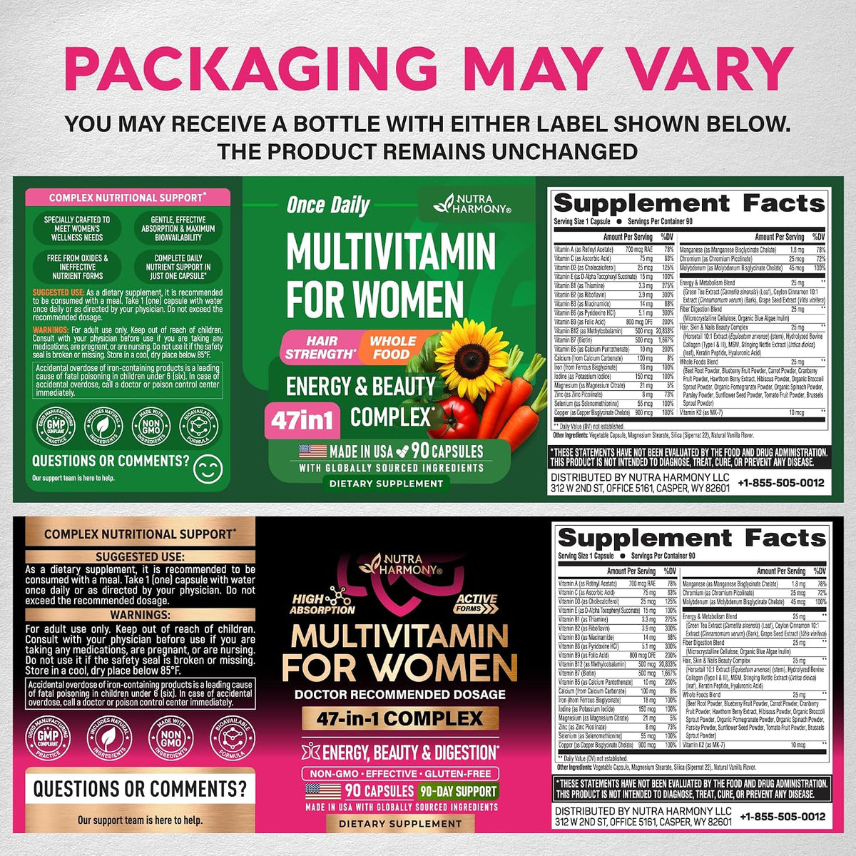 Multivitamin for Women 47in1 - B-Complex, Biotin, D3 & K2, Iron - 90 Caps | Womens Multivitamin - Whole Foods | Hair Growth Support | Digestion & Metabolism - Bioavailable & Gentle on Stomach - 1/Day