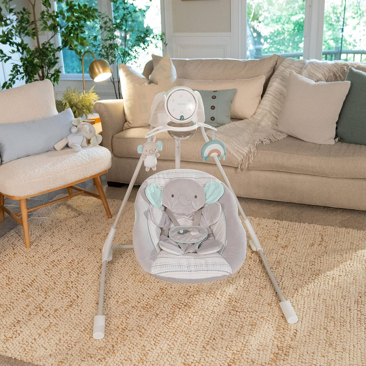 Ingenuity InLighten 5-Speed Baby Swing - Swivel Infant Seat, 5 Point Safety Harness, Nature Sounds, Lights - Van Elephant