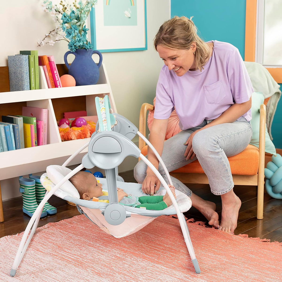Bright Starts, Whimsical Wild Portable Compact Automatic Baby Swing with Music