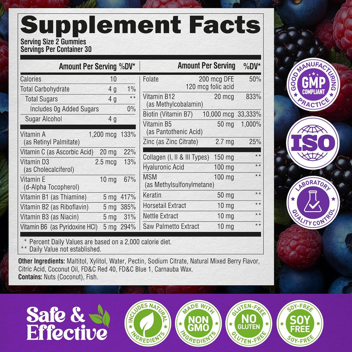 Biotin Gummies with Collagen - Hair Growth Support Skin, & Nail Strength - for Women & Men, Pack of 2-USA MADE